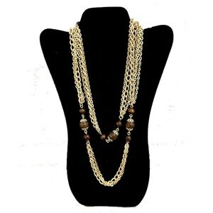 Vtg Emmons 70s Gold Tone Chain Wood Bead Necklace